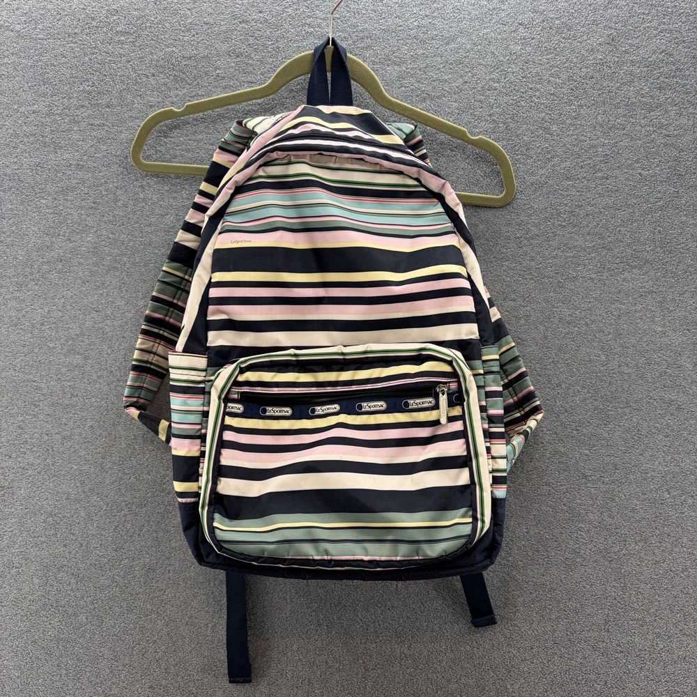LeSportsac Backpack Womens Medium Navy Multicolor Stripe Pink Lined Zip Pockets